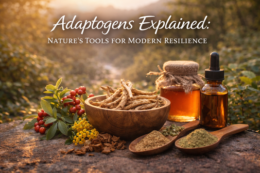 Adaptogenic herbs, ashwagandha roots, and herbal tinctures displayed in nature at sunset, symbolizing plant-based resilience and holistic wellness.