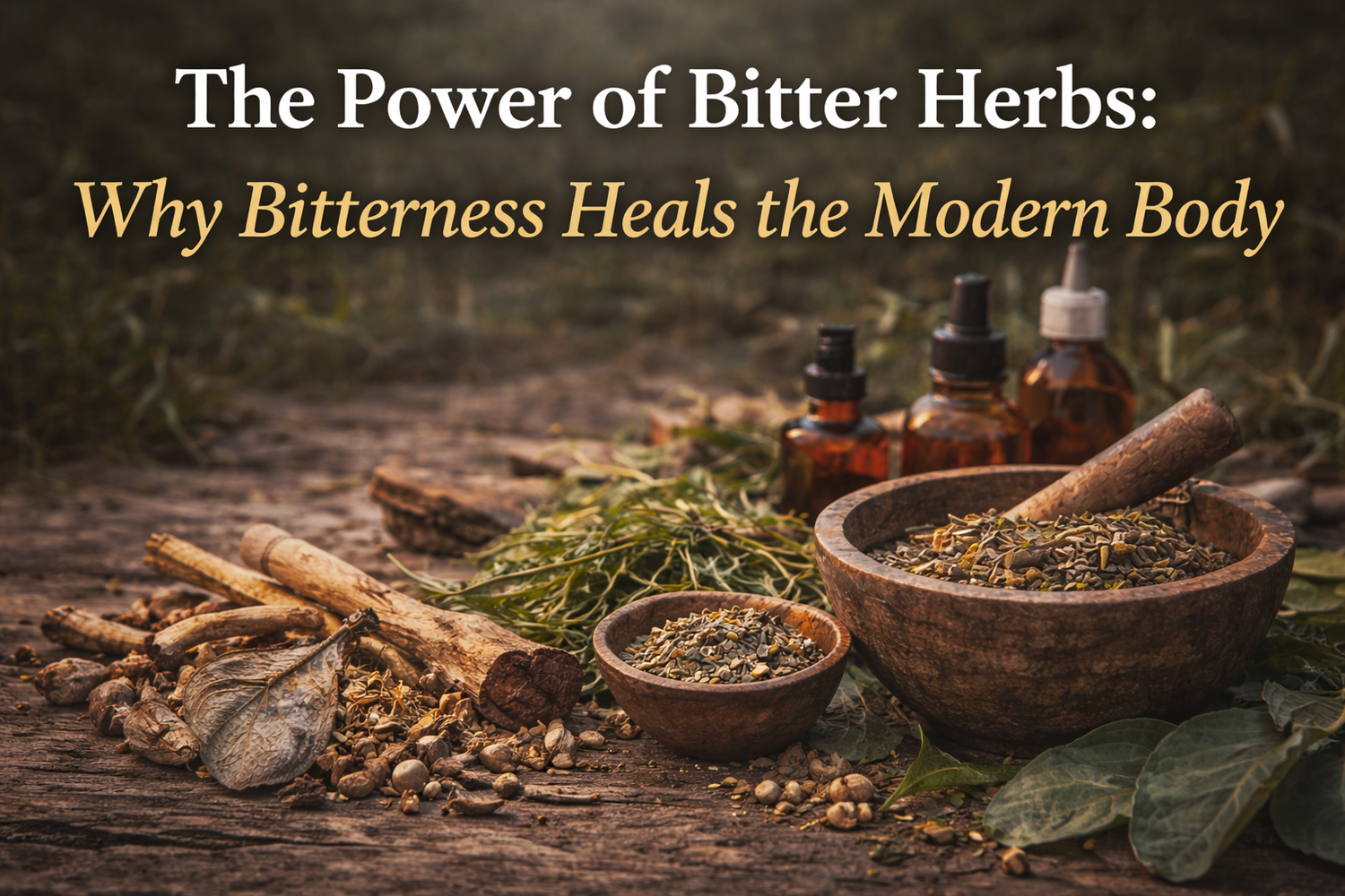 Bitter herbs, roots, and tinctures prepared on a rustic surface, symbolizing digestive health, liver support, the healing power of herbal bitterness.