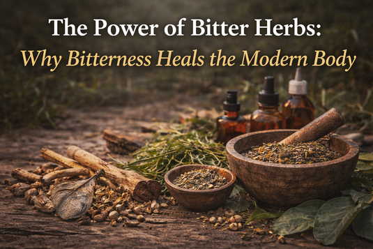 Bitter herbs, roots, and tinctures prepared on a rustic surface, symbolizing digestive health, liver support, the healing power of herbal bitterness.
