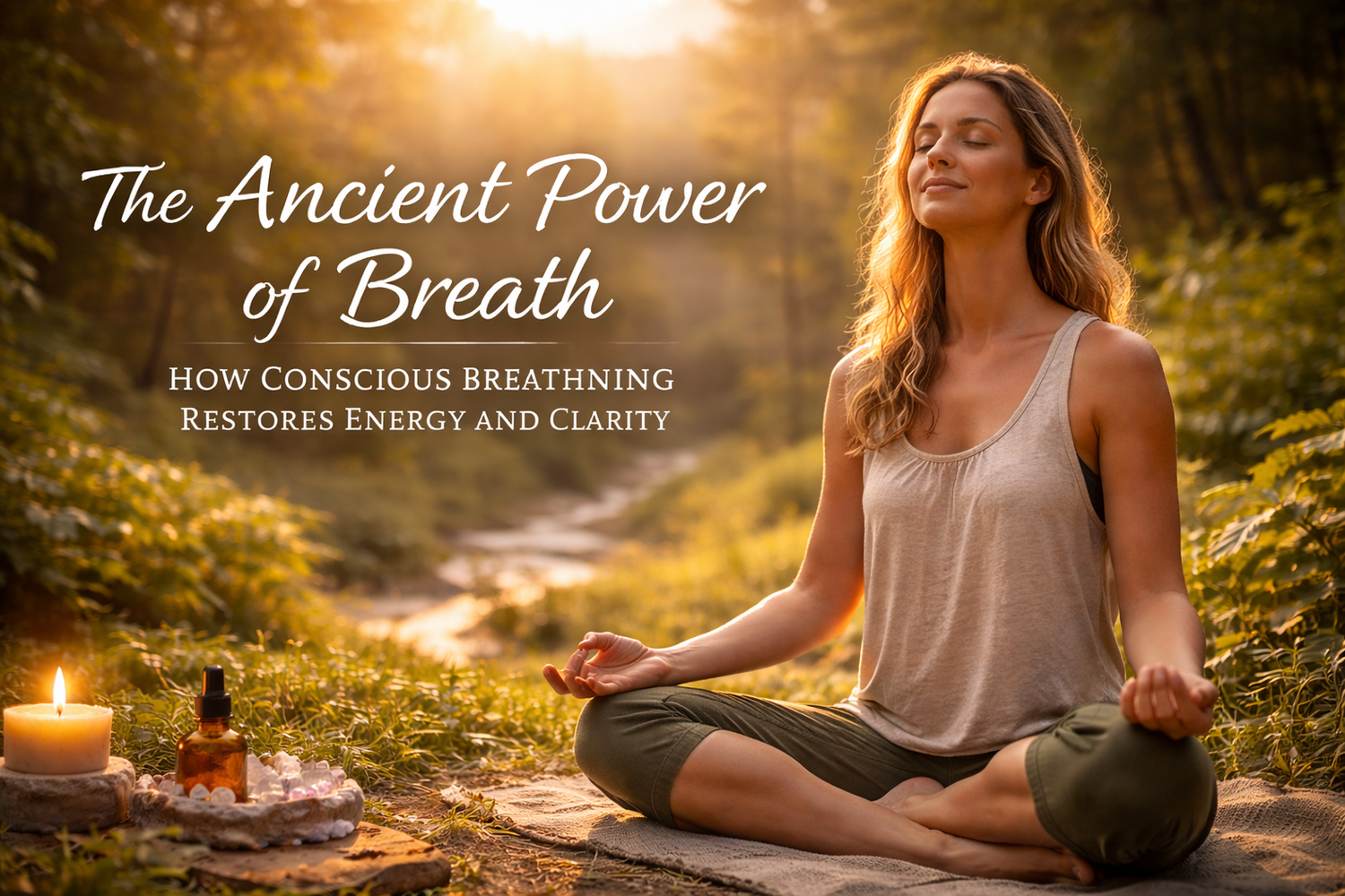Woman practicing mindful breathing meditation in nature at sunrise, symbolizing breathwork, relaxation, and holistic wellness rituals.