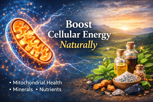 Mitochondrial energy illustration with minerals and nutrients supporting natural cellular energy and sustainable vitality.