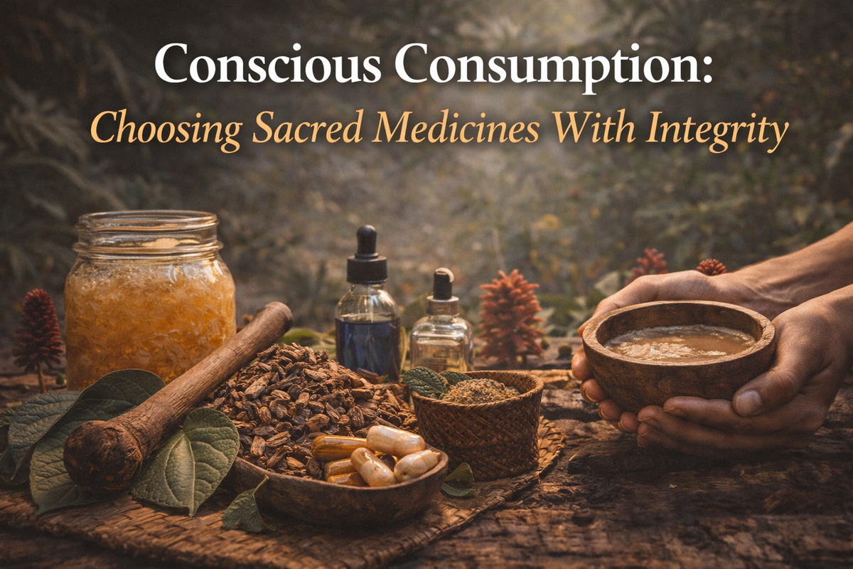 Sacred medicines prepared with intention, featuring kava, sea moss, herbal remedies, symbolizing ethical sourcing, ritual, and conscious consumption.