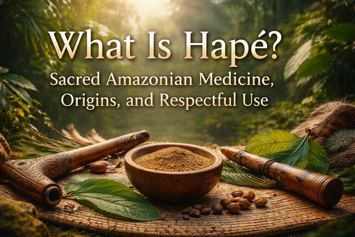 Sacred hapé ceremonial tools with Amazon rainforest backdrop, featuring traditional kuripe, tepi, and plant medicine used in Indigenous rituals.