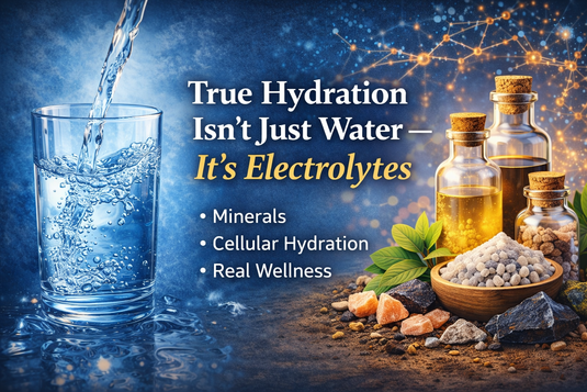 Feature image showing electrolyte hydration with minerals and water supporting cellular hydration, energy balance, and overall wellness.