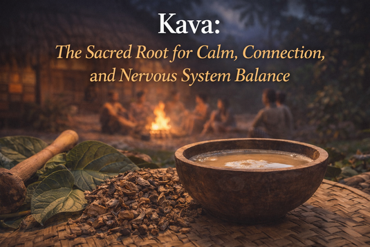 Traditional kava root ceremonial drink shared by firelight, symbolizing calm, connection, and nervous system balance in sacred Pacific Island rituals