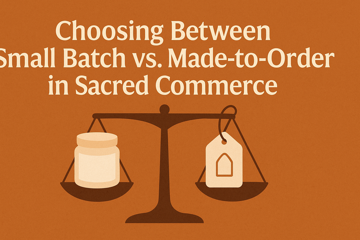 Feature image showing a scale balancing a small batch jar and a made-to-order tag, with the title “Choosing Between Small Batch vs. Made-to-Order.”  