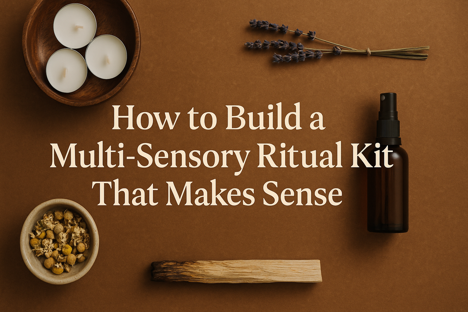 Feature image with candles, herbs, mist spray, and palo santo arranged around the title “How to Build a Multi-Sensory Ritual Kit That Makes Sense.”