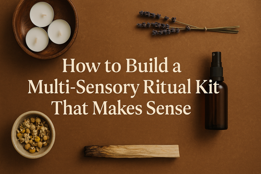 Feature image with candles, herbs, mist spray, and palo santo arranged around the title “How to Build a Multi-Sensory Ritual Kit That Makes Sense.”
