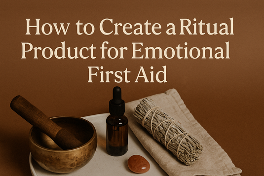 Feature image with bold serif text on a soft-toned background, titled “How to Create a Ritual Product for Emotional First Aid,” with calming visuals. 