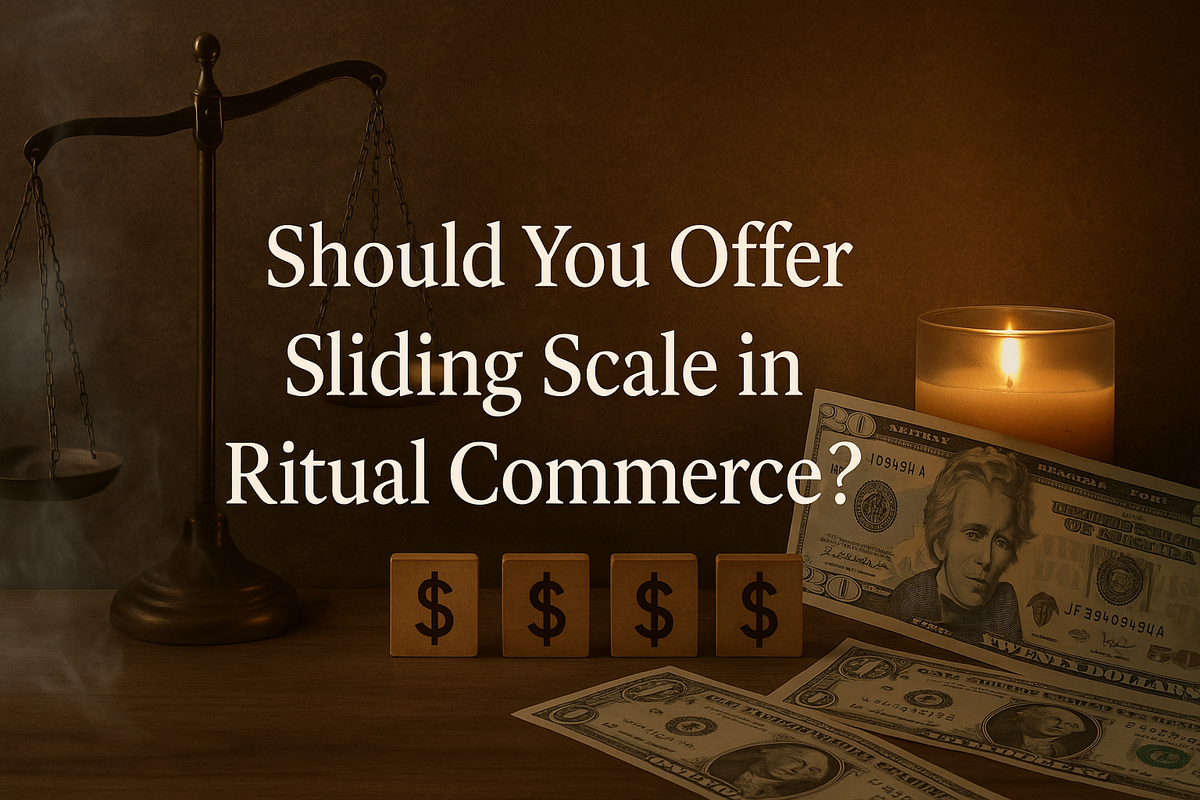 "Feature image asking 'Should You Offer Sliding Scale in Ritual Commerce?' with earthy tones and spiritual retail symbolism."