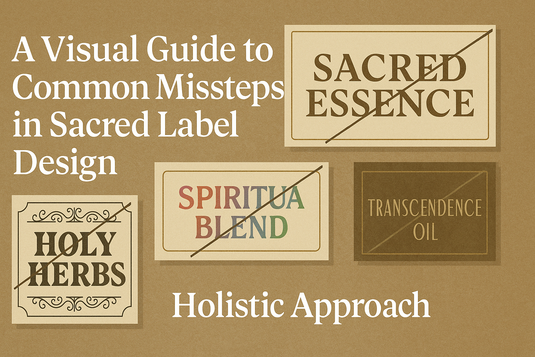 Visual guide for sacred product label design mistakes. Highlights common missteps in spiritual packaging for better brand alignment and authenticity.