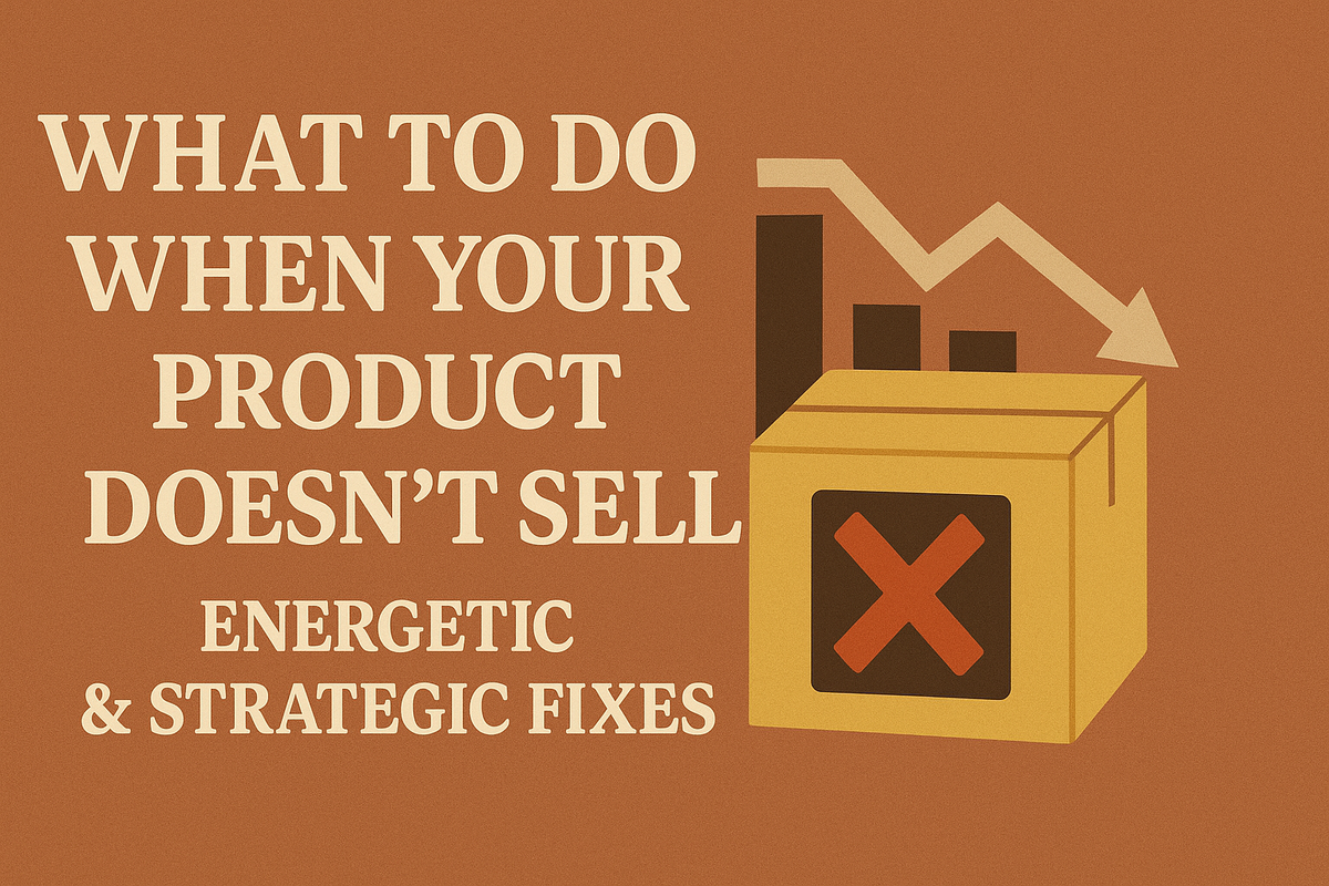 Feature image with title “What to Do When Your Product Doesn’t Sell — Energetic & Strategic Fixes,” showing a product box, chart, and decline arrow.
