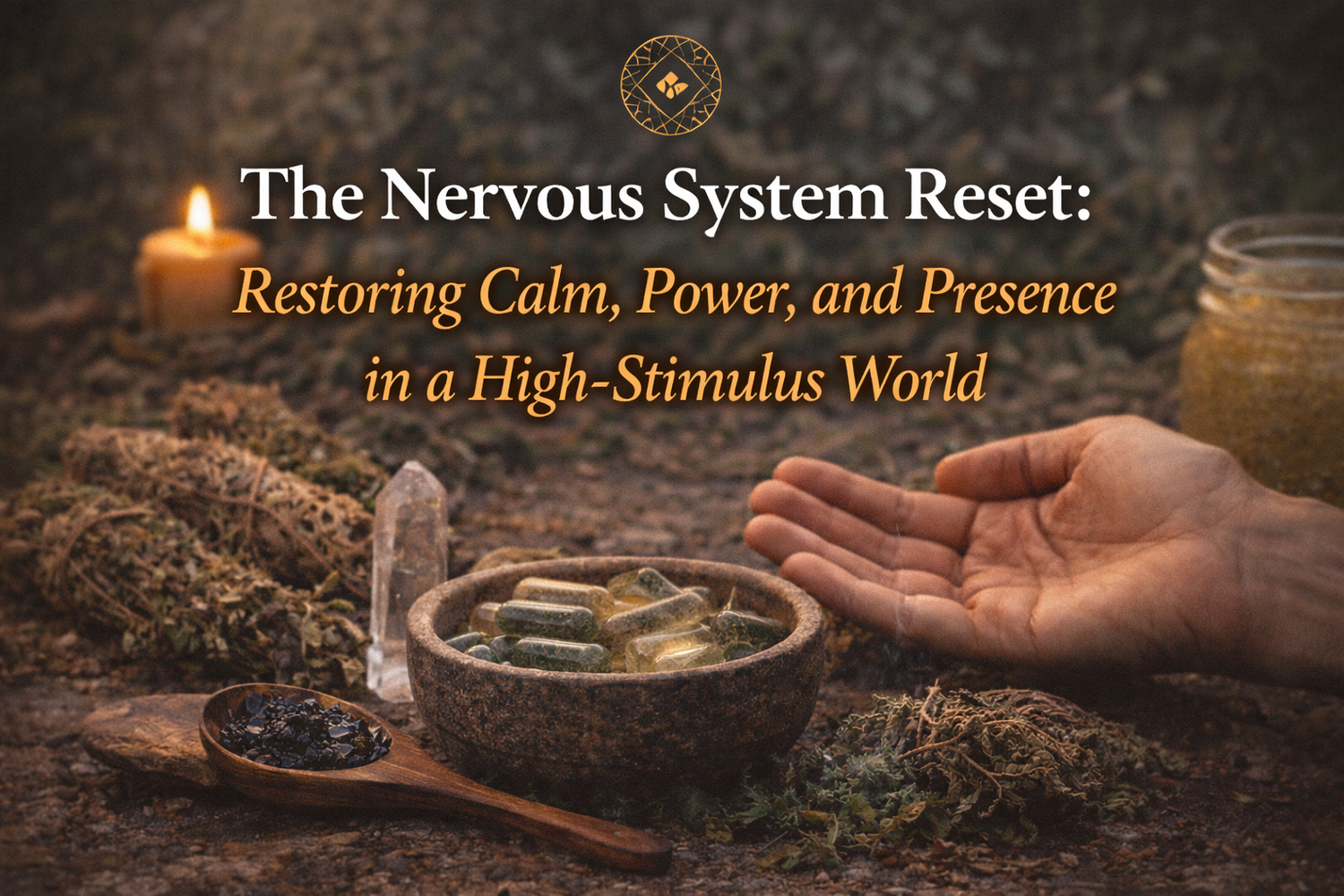 Calming ritual scene with minerals, herbs, candlelight, open hands, symbolizing nervous system regulation, stress relief, mindful holistic wellness.