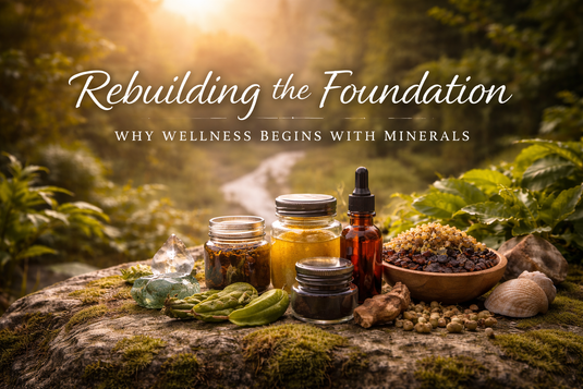 Mineral-rich supplements, sea moss, and shilajit displayed in nature at sunrise, highlighting foundational wellness and holistic vitality.