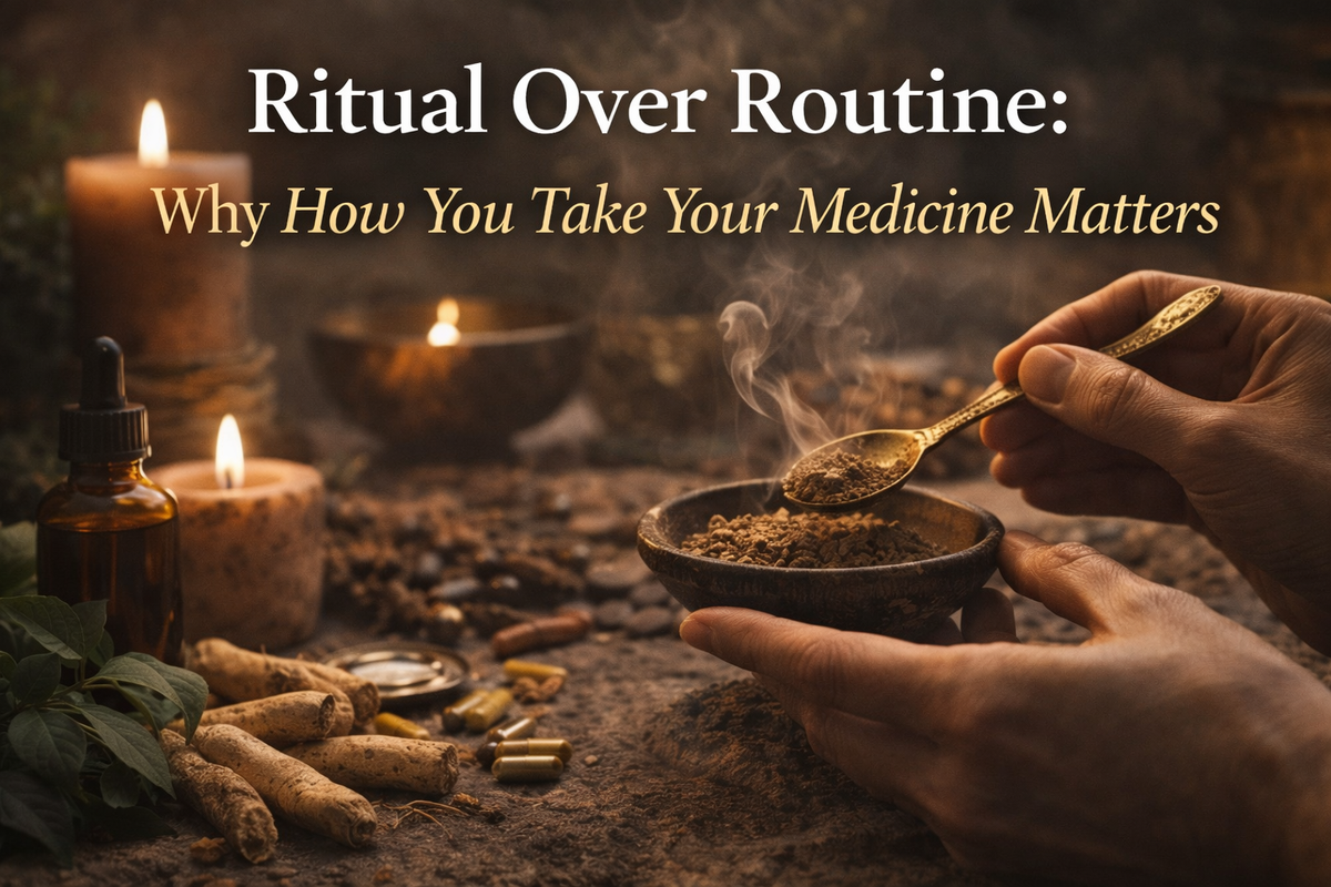 Hands preparing herbal medicine in a candlelit ritual setting, symbolizing intentional wellness, sacred practice, and mindful healing beyond routine.