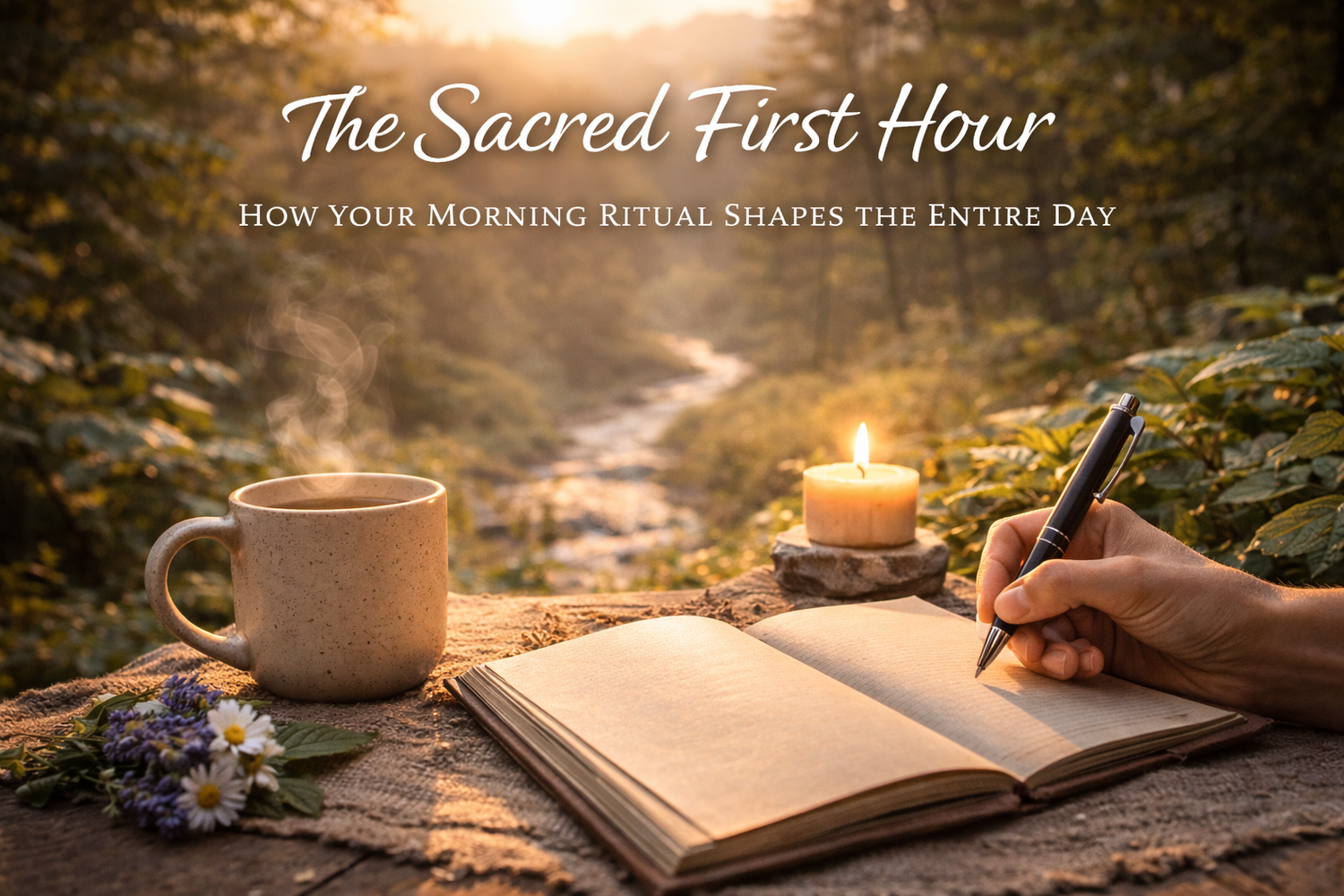 Morning ritual with tea, candle, and journaling at sunrise in nature, symbolizing mindful living, intention setting, and holistic wellness.
