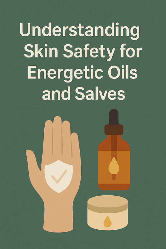 Illustration of a hand, tincture bottle, and salve jar with the title “Understanding Skin Safety for Energetic Oils and Salves.”