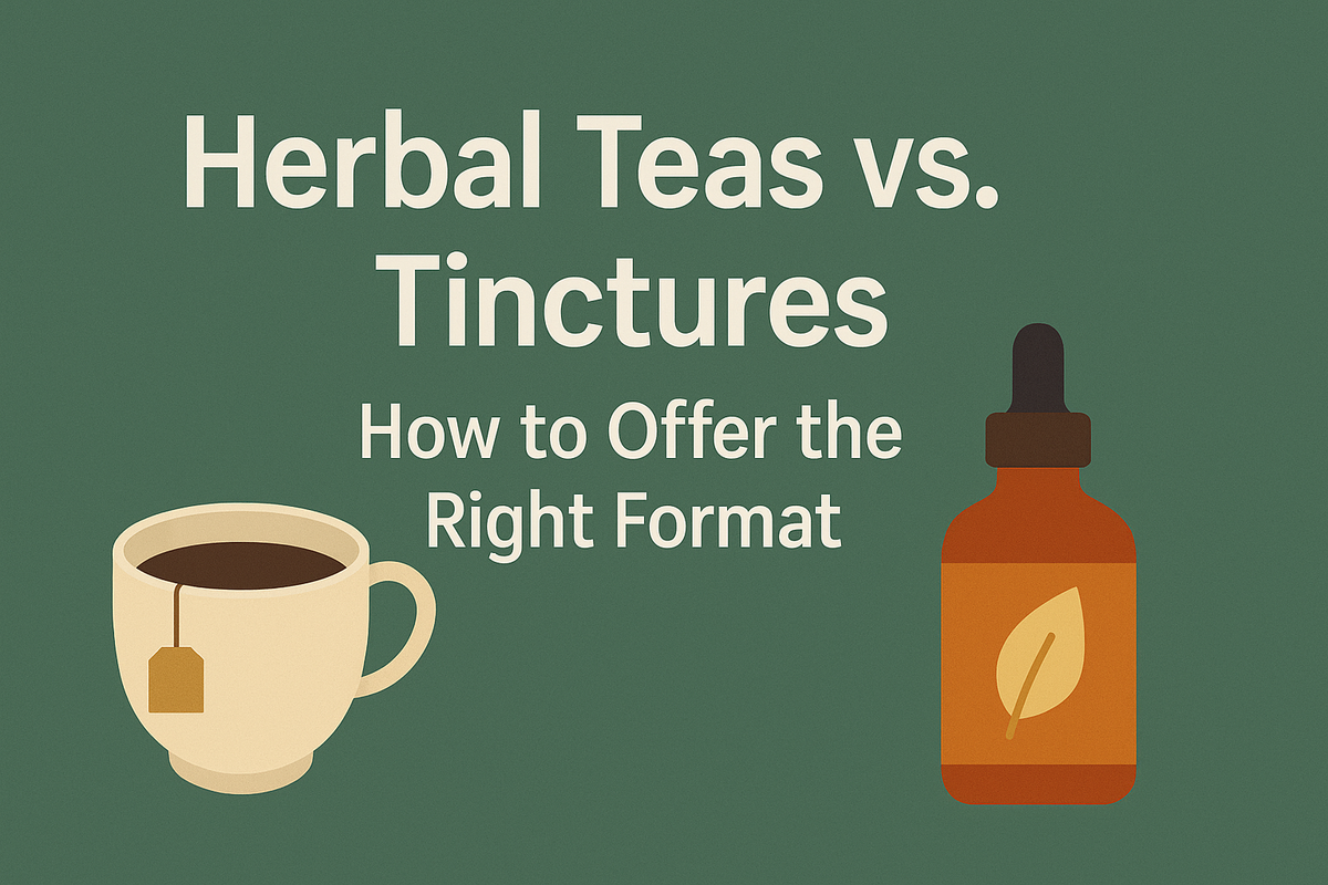 Illustration of a tea cup and tincture bottle on a green background with the title “Herbal Teas vs. Tinctures: How to Offer the Right Format” bold 