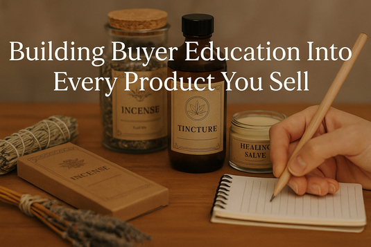 image showing "Building Buyer Education Into Every Product You Sell" with visuals of conscious shopping, product labels, and ethical marketing themes.