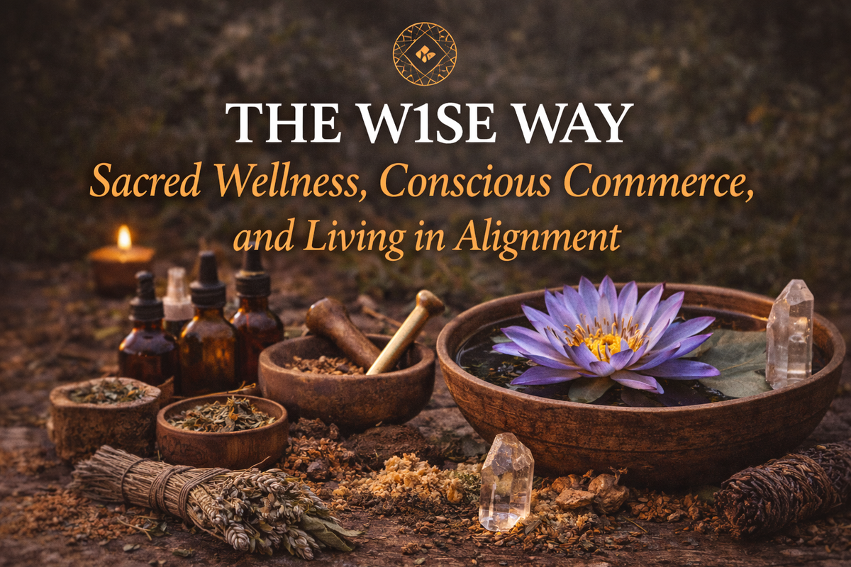 Sacred wellness altar herbs, tinctures, blue lotus, crystals, candlelight, representing conscious commerce, ritual living, and holistic W1SE values.