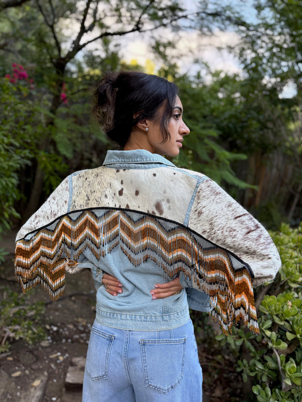 W1SE Cowhide Beaded Fringe Denim Jacket - Golden Spirit
