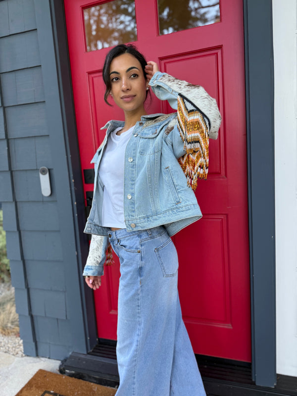 W1SE Cowhide Beaded Fringe Denim Jacket - Golden Spirit