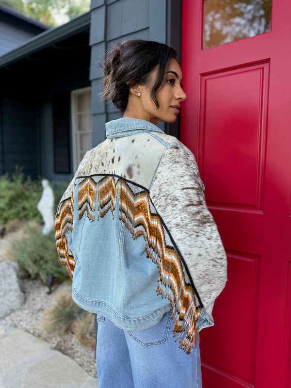 W1SE Cowhide Beaded Fringe Denim Jacket - Golden Spirit