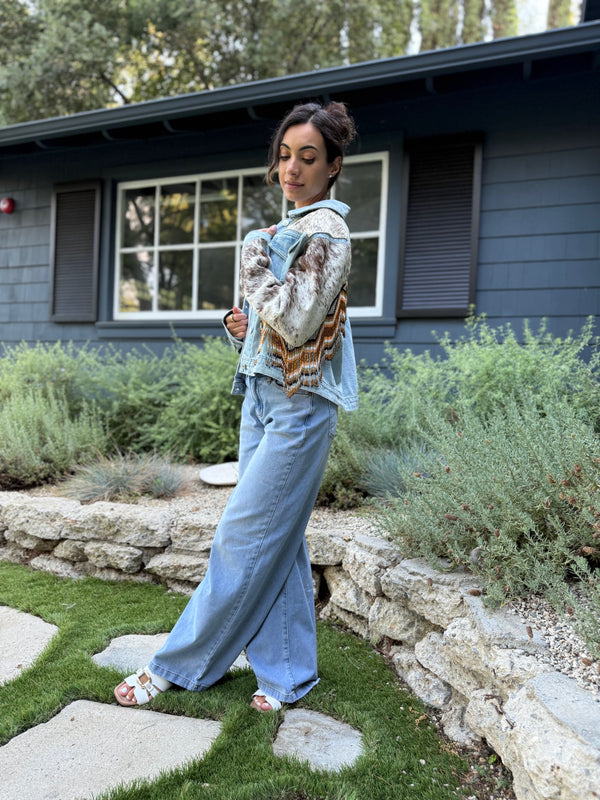 W1SE Cowhide Beaded Fringe Denim Jacket - Golden Spirit