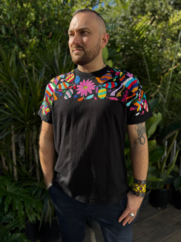 W1SE MAIA Tee – Unisex Black Multicolor Embroidered Arriba T-Shirt