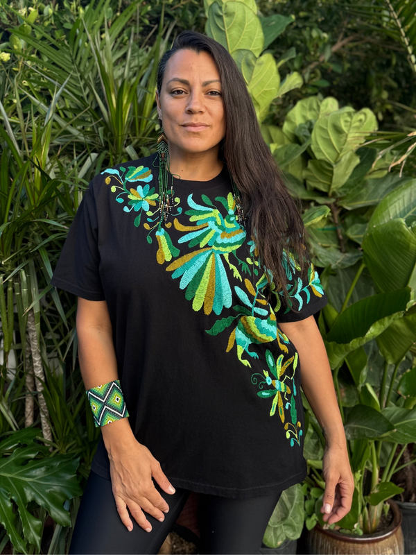 W1SE MAIA Tee – Unisex Black & Green Embroidered Cruzada T-Shirt