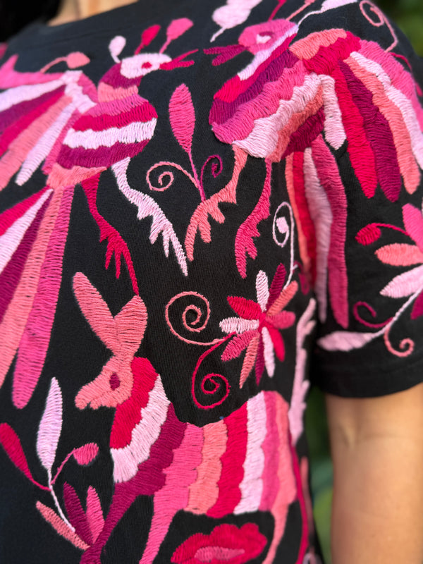 W1SE MAIA Tee – Unisex Black & Pink Embroidered Cruzada T-Shirt