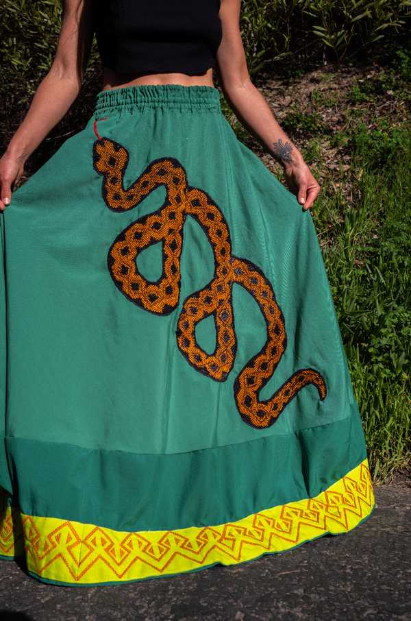 Handcrafted Serpent Skirt – 1-of-1 Amazonian Embroidery | W1SE Tribal Wear for Conscious Living