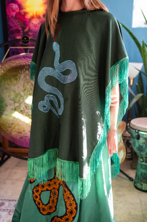 Sacred Serpent Fringe Poncho – 1-of-1 Tribal Cloak | W1SE Ceremonial Wear for Conscious Beings