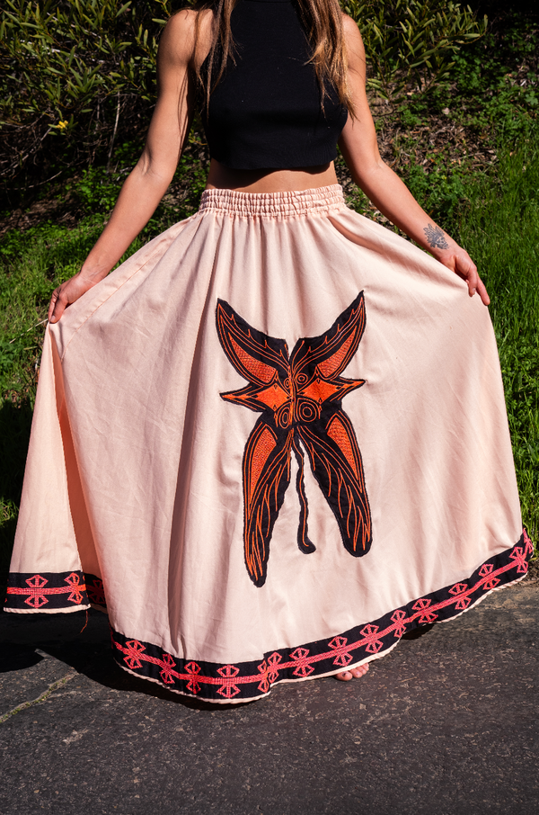 Butterfly Spirit Skirt – 1-of-1 Hand-Embroidered Tribal Skirt | W1SE Symbolic Fashion for Transformation