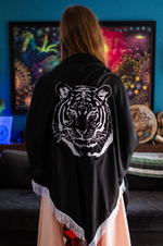 Embroidered Tiger Spirit Shawl – 1-of-1 Black Warrior Wrap | W1SE Ceremonial Power Wear