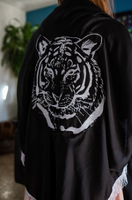 Embroidered Tiger Spirit Shawl – 1-of-1 Black Warrior Wrap | W1SE Ceremonial Power Wear